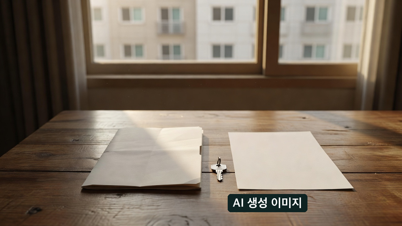 AI 생성 개념 이미지: 아파트 창가의 열쇠와 빈 종이. 실제 피해 사례나 공식 결정문이 아닙니다.