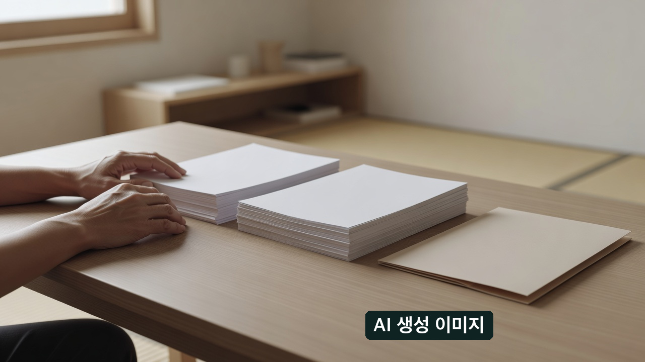 AI 생성 개념 이미지: 손이 빈 종이 더미를 정리하는 장면. 실제 이의신청 서류나 기관 심사가 아닙니다.