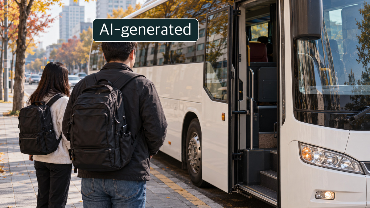 AI-generated image: Illustrative scene of two casually dressed people standing by the door of a white bus near a road; not an actual reserve-training pickup point