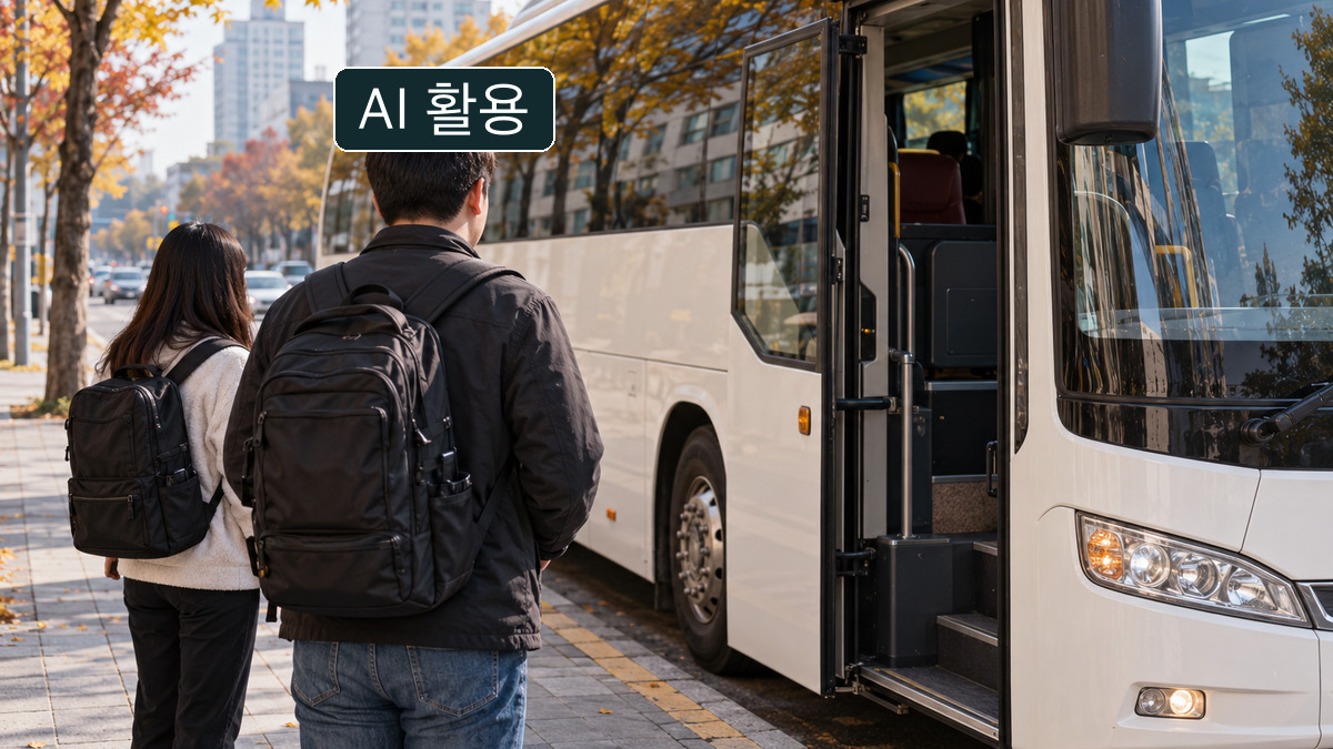 AI 생성 이미지: 실제 동원훈련 탑승장소가 아닌 가상의 도로변에서 사복 차림 인물 두 명이 흰색 버스 문 앞에 서 있는 설명 장면
