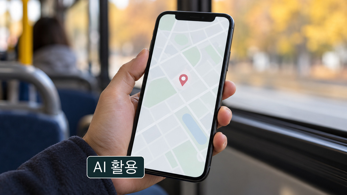 AI 활용 사진: 스마트폰의 가상 지도 화면, 실제 집결지나 탑승장소를 나타내지 않음