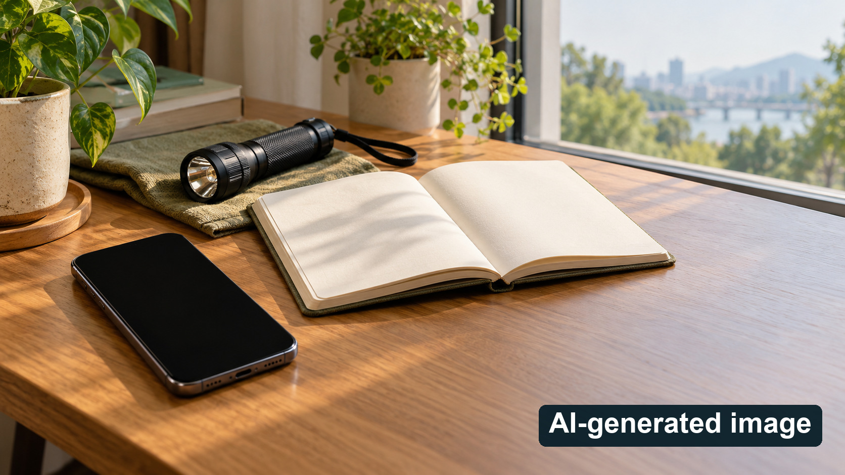A switched-off smartphone, blank notebook and flashlight on a desk
