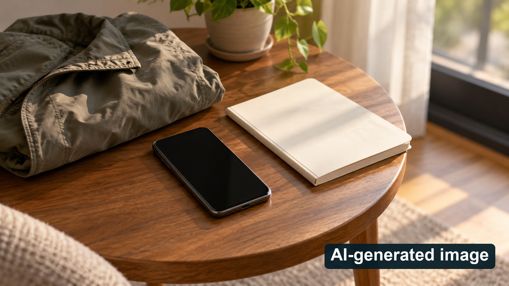 A switched-off smartphone beside a blank notebook and folded jacket on a table