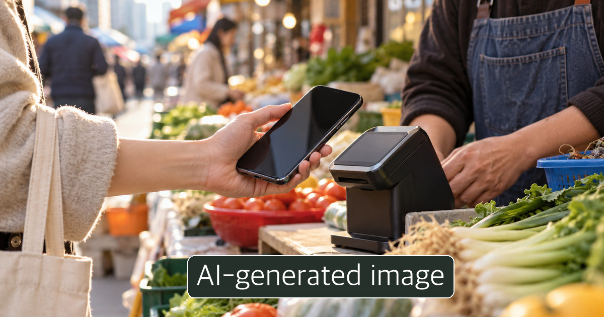 AI-generated conceptual image of a shopper holding a phone at a generic market checkout; not a real lottery payment.