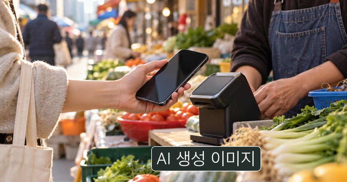 시장 계산대에서 휴대전화를 드는 손의 AI 생성 개념 사진. 실제 결제·응모 장면이 아닙니다.