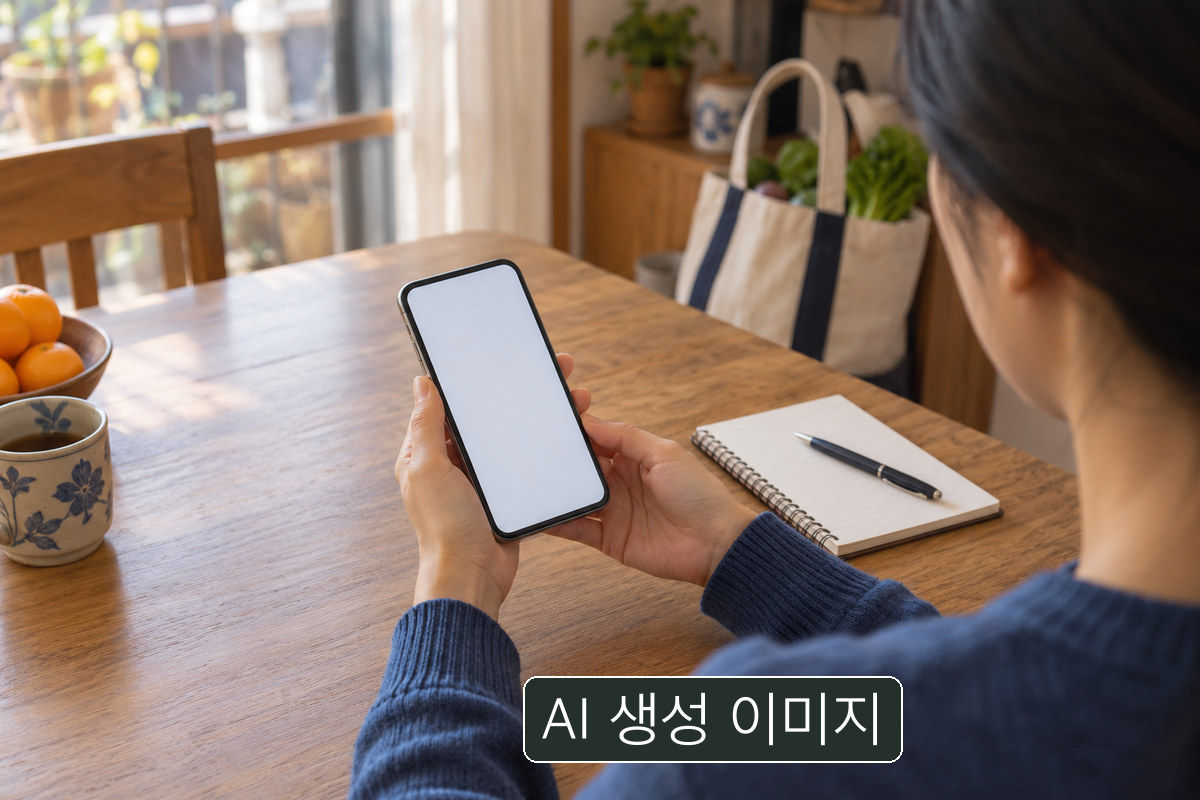 빈 화면의 휴대전화를 보는 사람의 AI 생성 개념 사진. 실제 이벤트 동의 화면이 아닙니다.