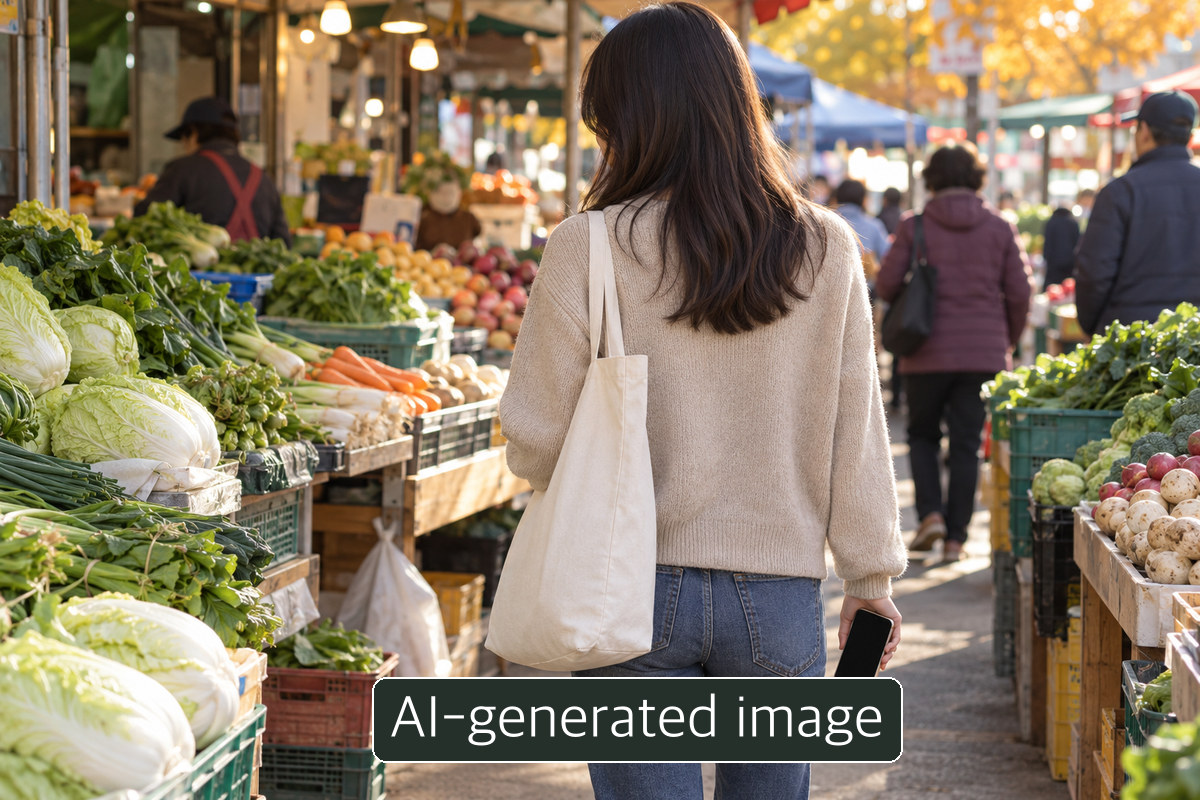 AI-generated conceptual image of a person walking through a market aisle; not proof of Digital Onnuri merchant eligibility.