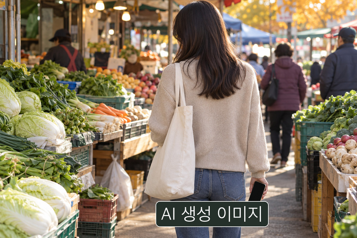 시장 통로를 걸어가는 사람의 AI 생성 개념 사진. 실제 디지털온누리 가맹점 확인 자료가 아닙니다.