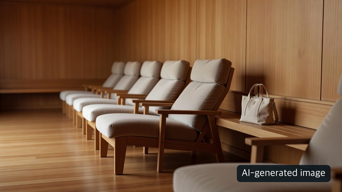 AI-generated illustration of an empty sauna lounge with upholstered chairs and a bag