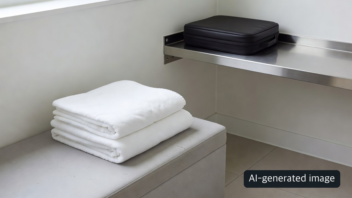 AI-generated illustration of a rest-area bench, towels and luggage