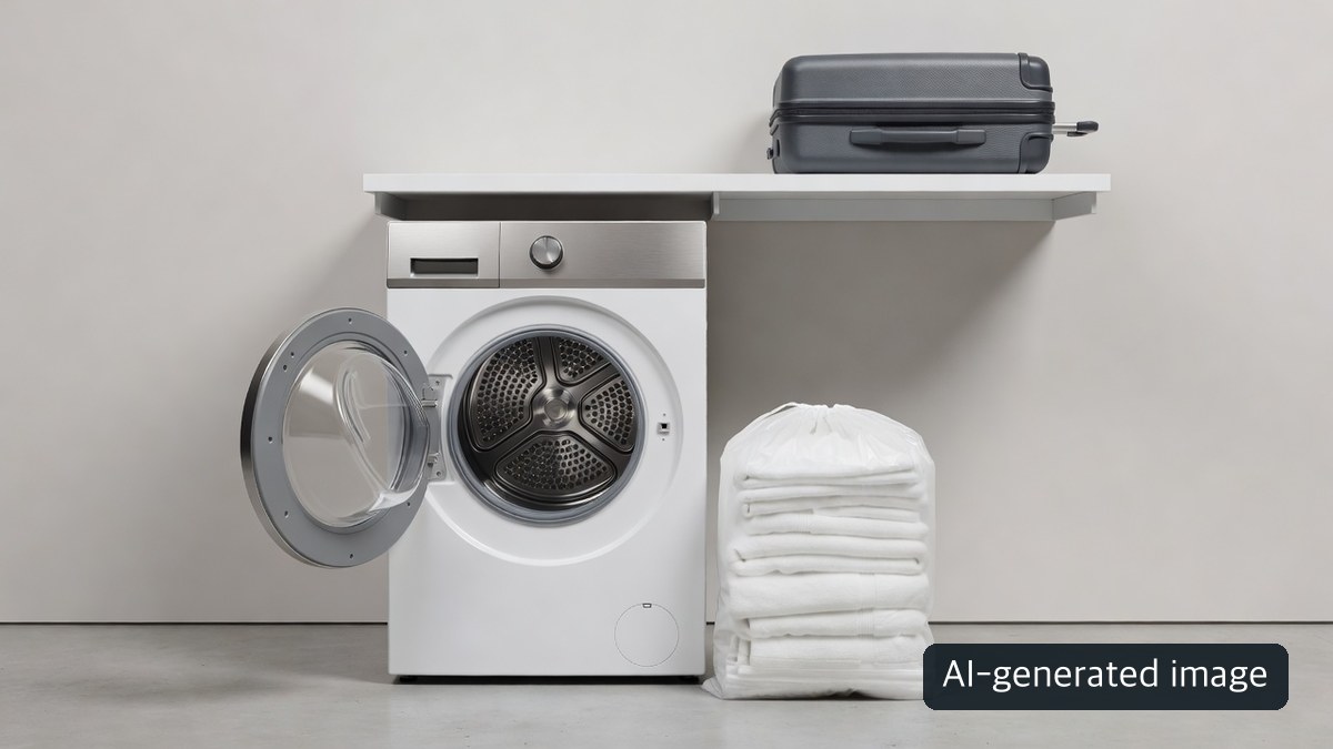 AI-generated illustration of a home laundry space with clothing and a bag