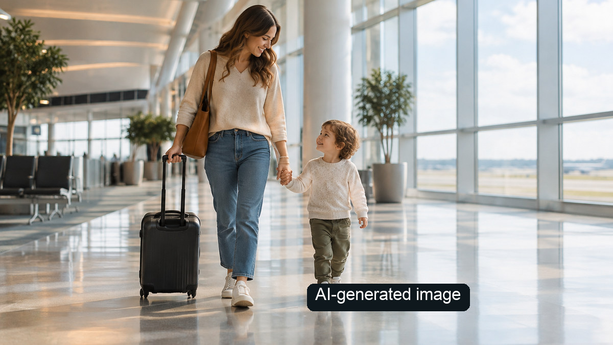 Caregiver and child walking through an airport concourse with a suitcase