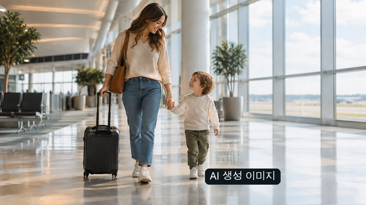 보호자와 아이가 여행 가방을 끌며 공항 통로를 걷는 모습