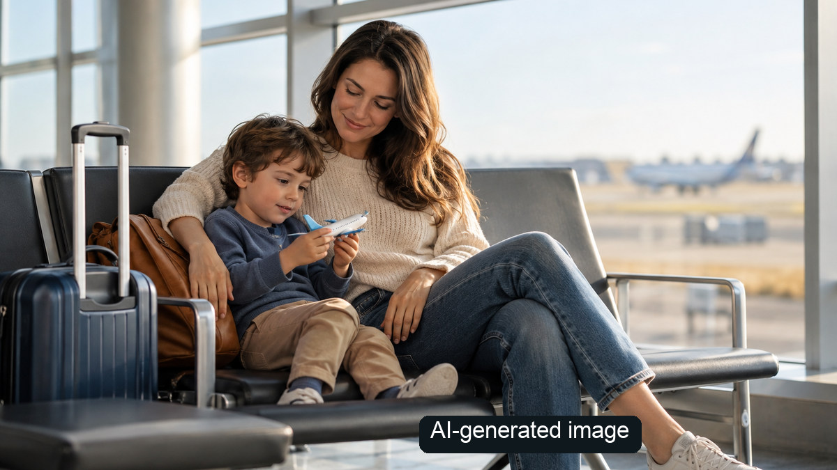 Caregiver and child seated in an airport waiting area