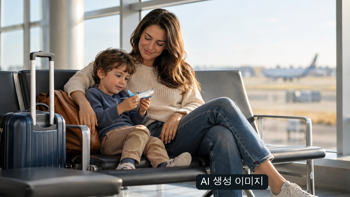공항 대기석에 앉아 쉬는 보호자와 아이