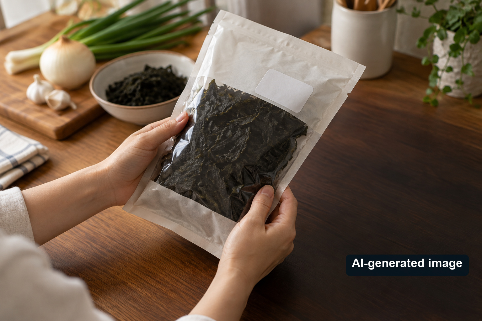 Hands holding an unbranded seaweed pouch at a kitchen table