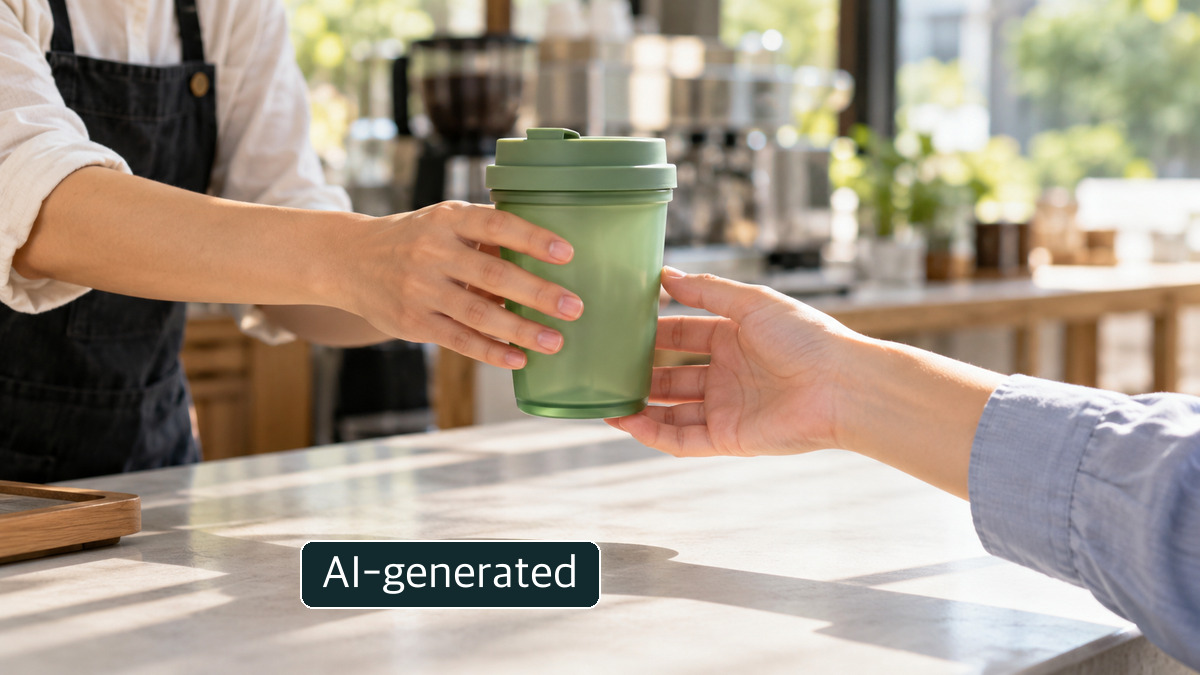 Conceptual reusable cup at a generic café, not a photograph of an actual participating Sejong business.