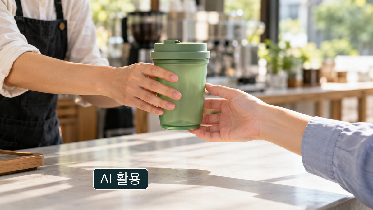 일반 카페에서 무표기 다회용컵을 건네는 개념 이미지; 실제 참여 매장이나 컵은 아님.