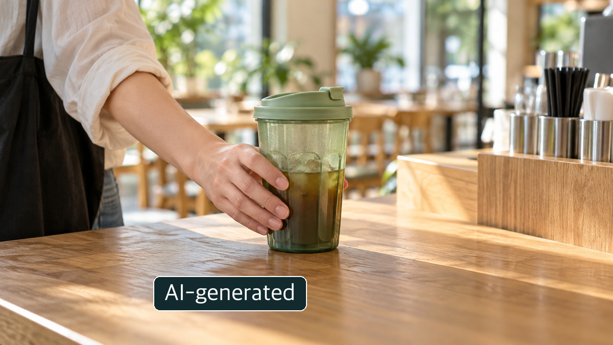 A conceptual reusable cup resting on a generic café counter, not a photograph of an operating Sejong return machine.