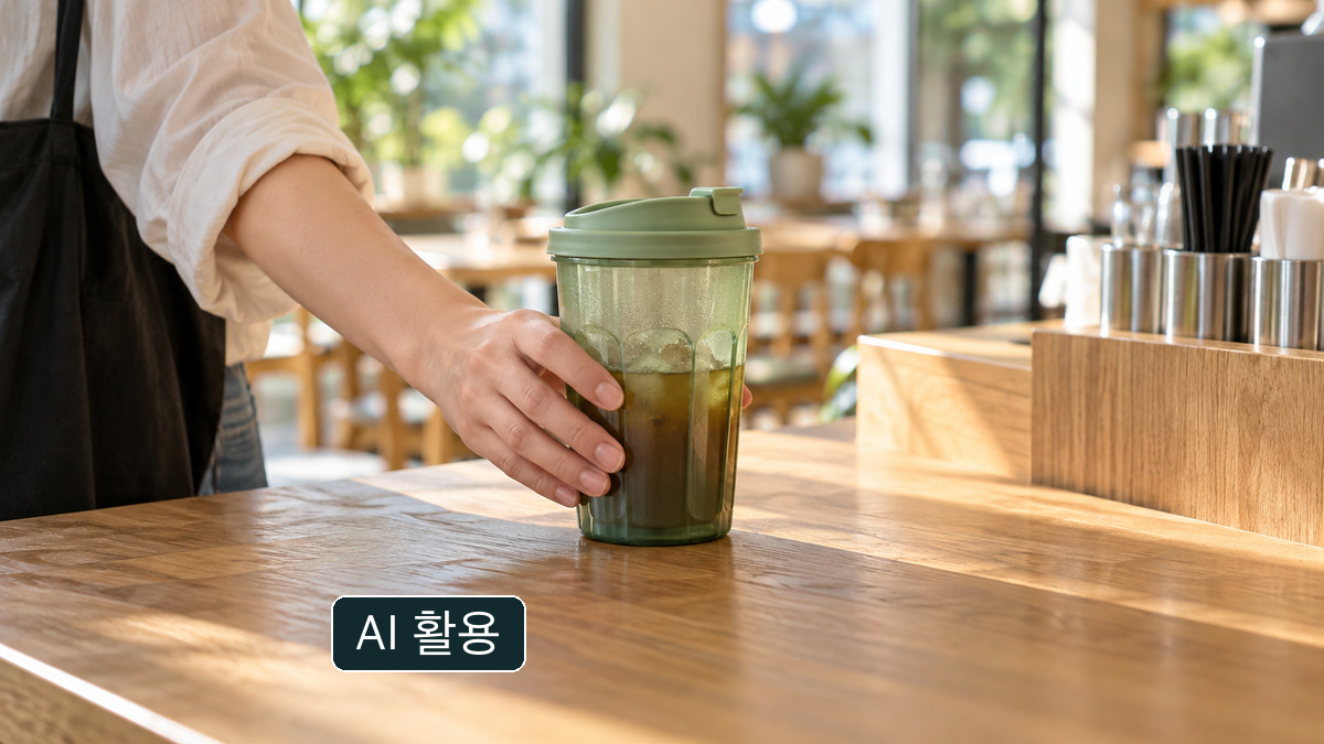 일반 카페의 다회용컵을 내려놓는 개념 이미지; 실제 세종시 반납기나 환급 절차의 사진은 아님.