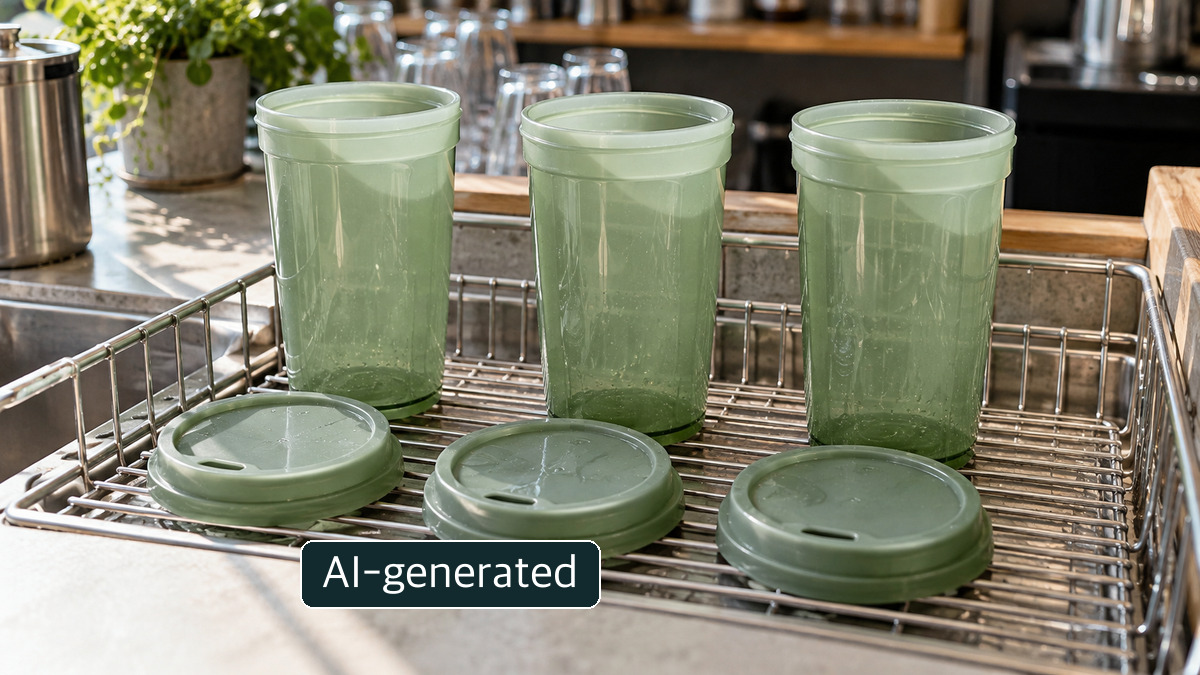 Conceptual reusable cups standing separately on a drying rack in a generic café; not stock at any named Sejong store.