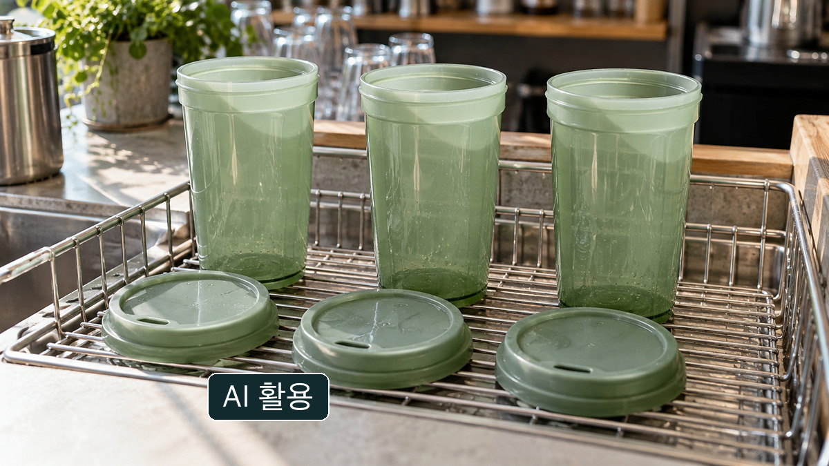 무표기 다회용컵을 건조대에 각각 세워둔 일반 카페의 개념 이미지; 실제 참여 매장의 컵이나 재고가 아님.