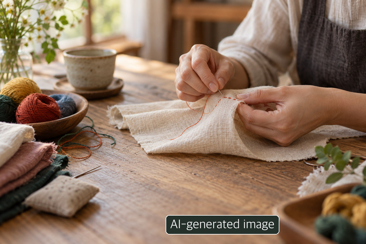 AI-generated conceptual image of hands sewing fabric; not a photo of the advertised class.