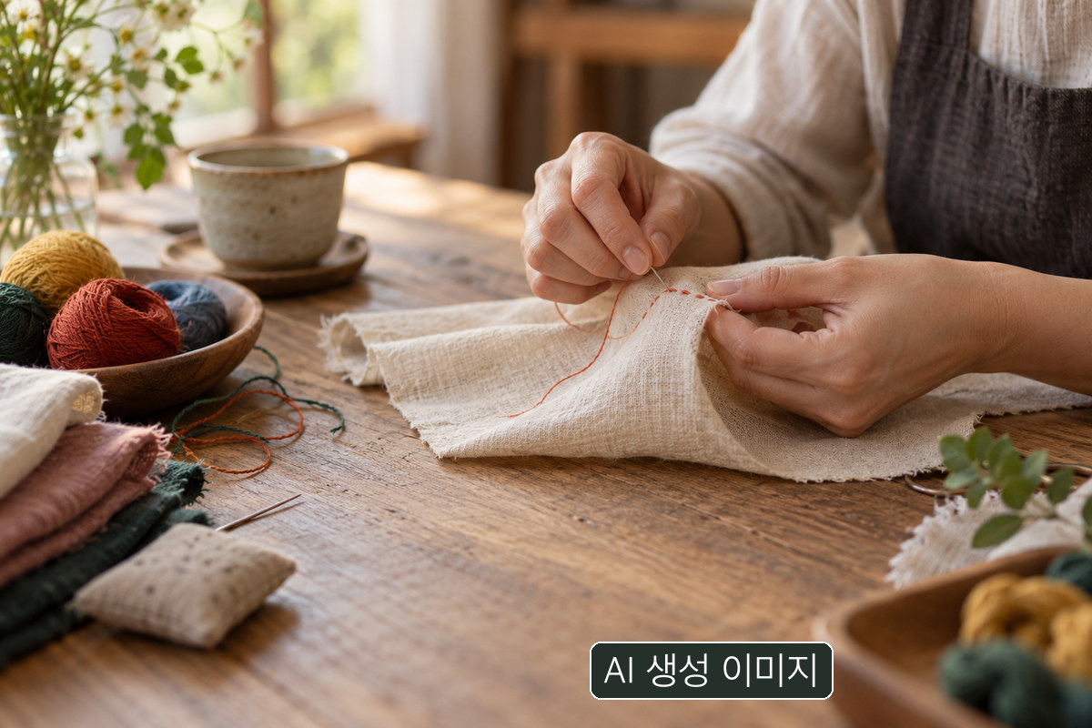 천에 바느질하는 손의 AI 생성 개념 사진. 실제 색실누비 수업 모습이 아닙니다.