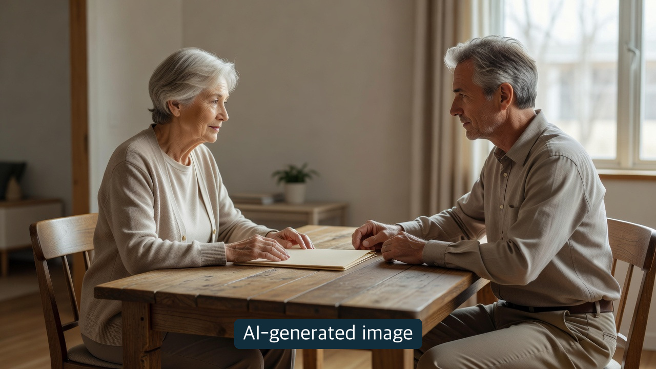 AI-generated conceptual illustration: Family discussion worksheet. Not a photograph of an actual senior welfare housing facility or real people, or evidence of residence approval.