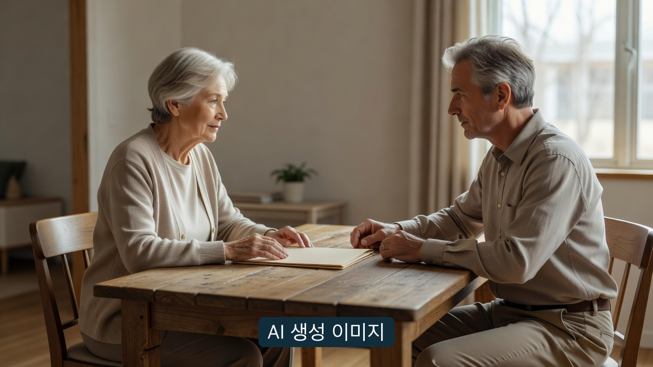 AI 생성 개념 이미지: 시설 상담 전 가족 메모. 실제 노인복지주택 시설·인물 사진이나 계속 거주 승인 증거가 아닙니다.