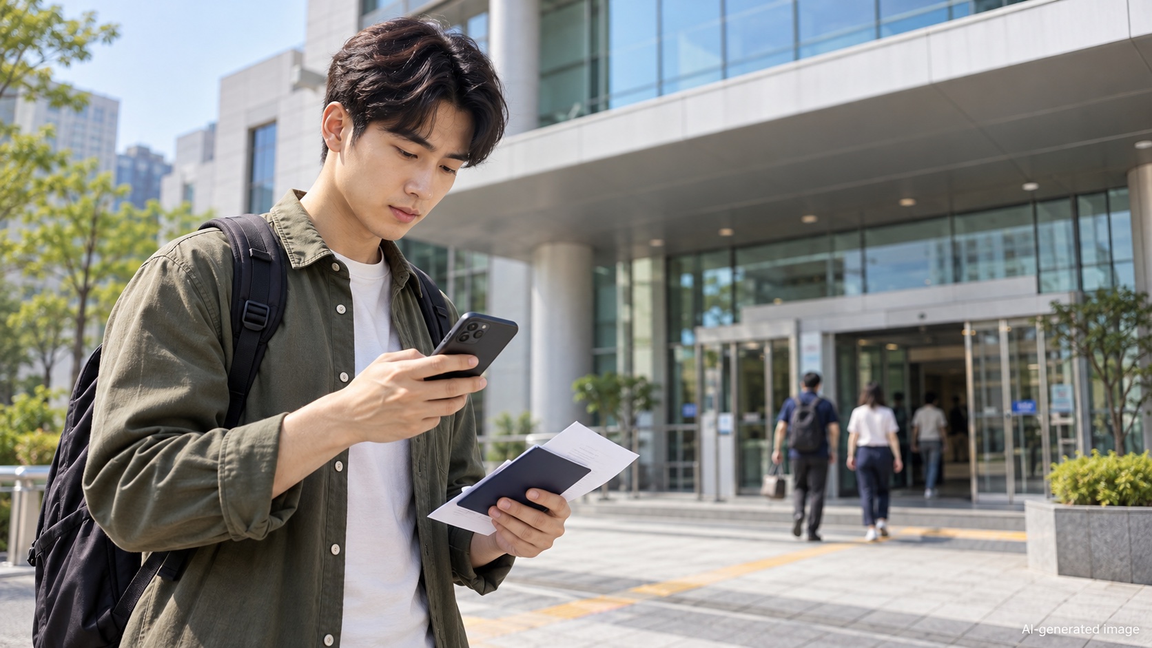 AI-generated concept image of a visitor checking a public-service building; not the actual Seoul Immigration Office