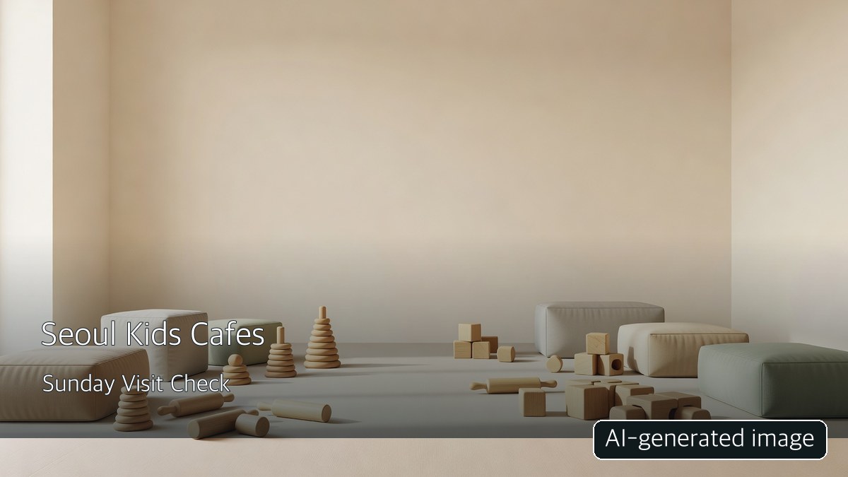 AI-generated generic playroom, not a photograph of a Seoul public kids cafe; AI-generated image label at lower right