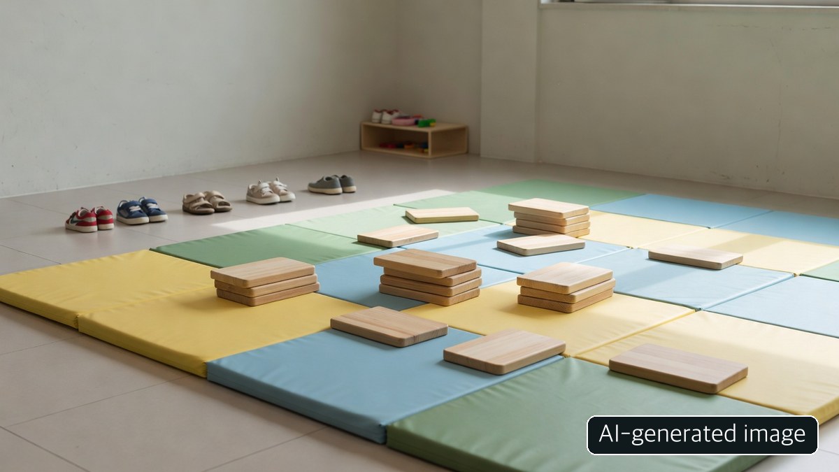 AI-generated generic indoor play area with shoes, not a photograph of a specific Seoul branch