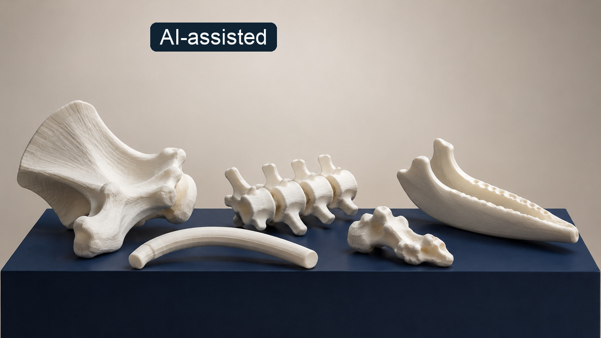 AI-generated studio arrangement of white, bone-like printed model pieces