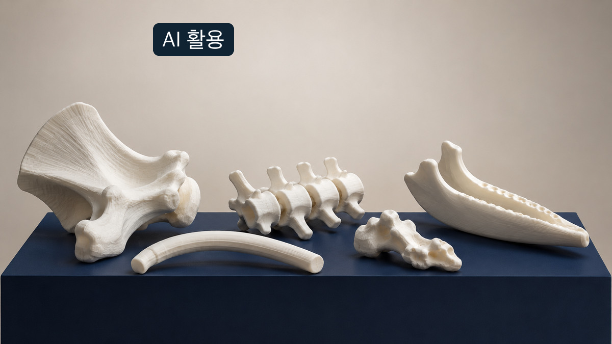 AI로 생성한 흰색 뼈 모양 출력 조각의 스튜디오 구성
