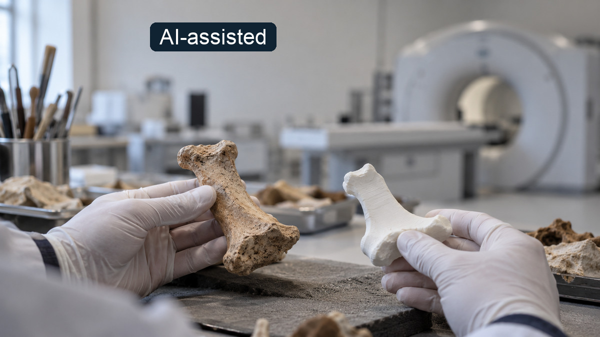 AI-generated lab arrangement of gloved hands comparing a brown bone-like object and a white model