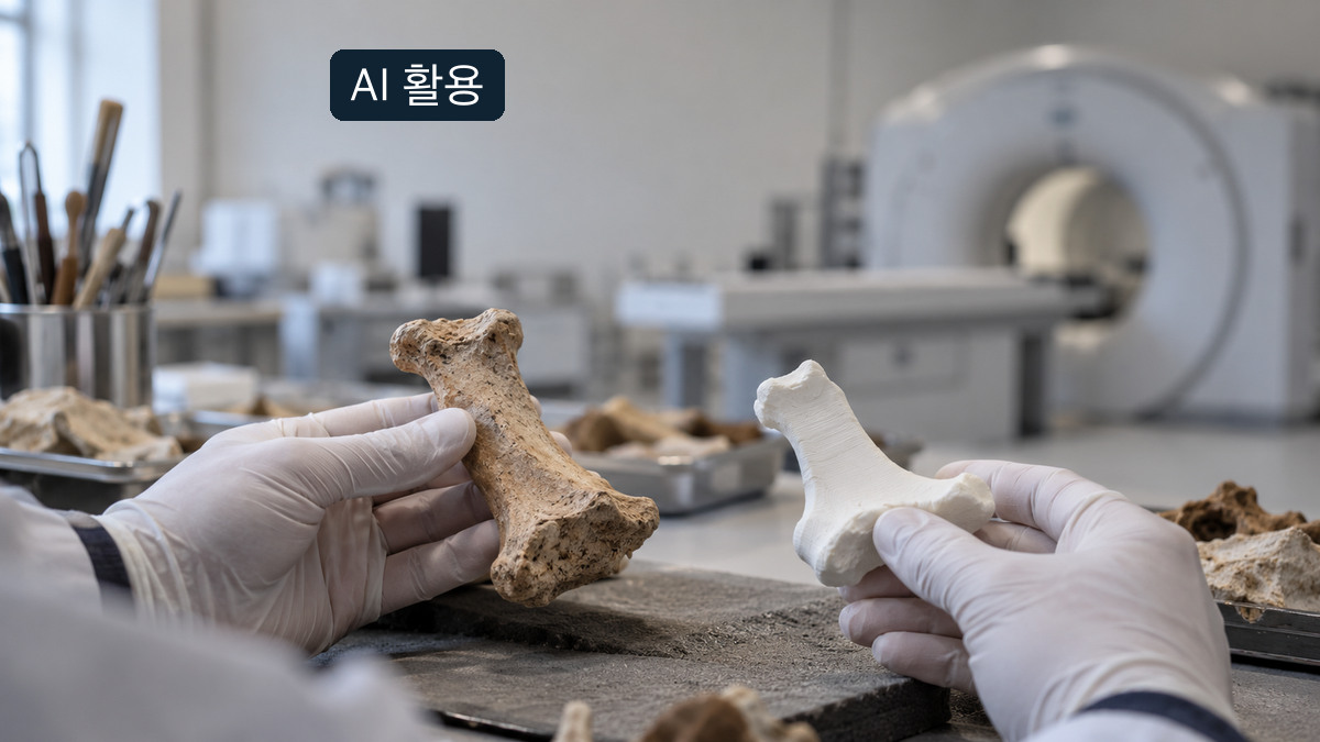 AI로 생성한 연구실 구도에서 갈색 뼈 모양 물체와 흰 모형을 비교하는 장갑 낀 손