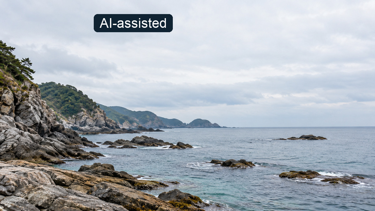AI-generated forested rocky coastline without a specified location