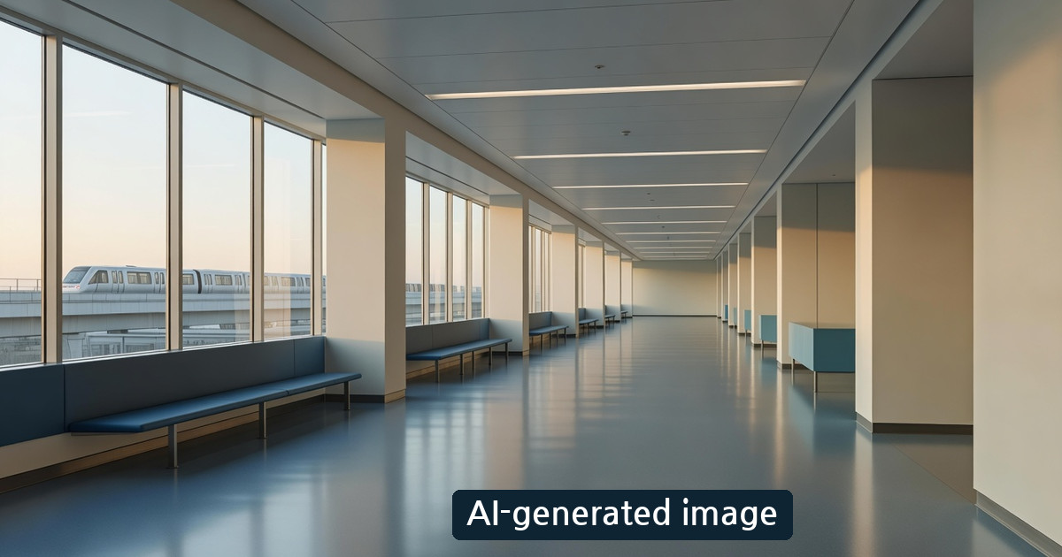 AI-generated generic airport corridor and people-mover concept, not a photograph of any actual SFO station, train or sign