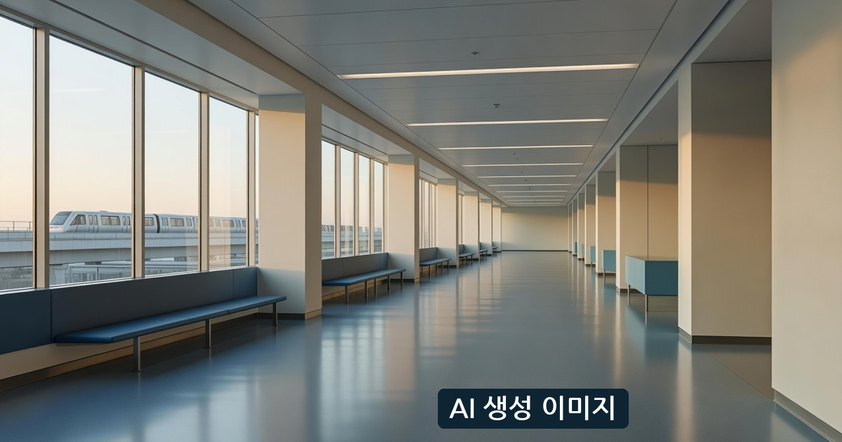 AI 생성 일반 공항 통로와 열차 개념 장면. 실제 SFO 역, 열차 또는 안내 표지가 아님