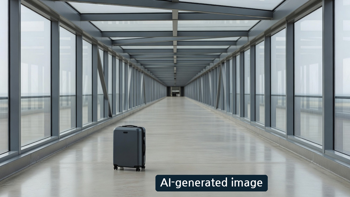 AI-generated generic airport walkway concept, not an actual Terminal 3-to-Terminal 2 passage or sign at SFO
