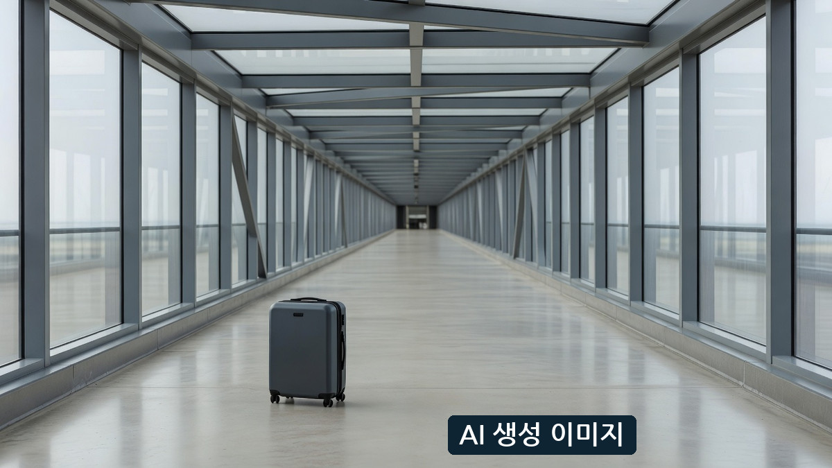 AI 생성 일반 공항 보행 연결로 개념 장면. 실제 SFO T3에서 T2로 가는 특정 통로를 보여주는 사진이 아님
