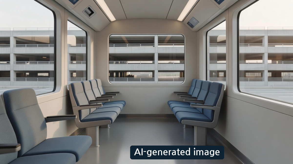 AI-generated generic people-mover interior concept, not SFO's actual Blue Line train or Rental Car Center