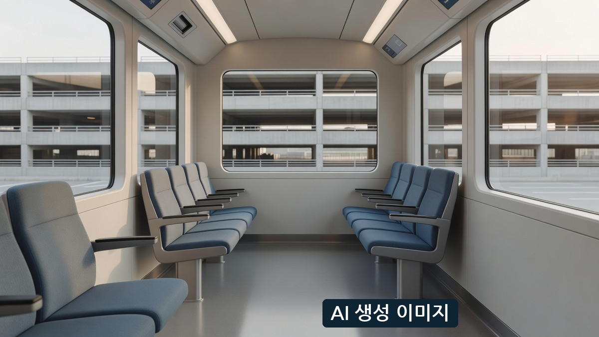 AI 생성 일반 자동열차 실내 개념 장면. 실제 SFO 블루라인 차량이나 렌터카센터가 아님