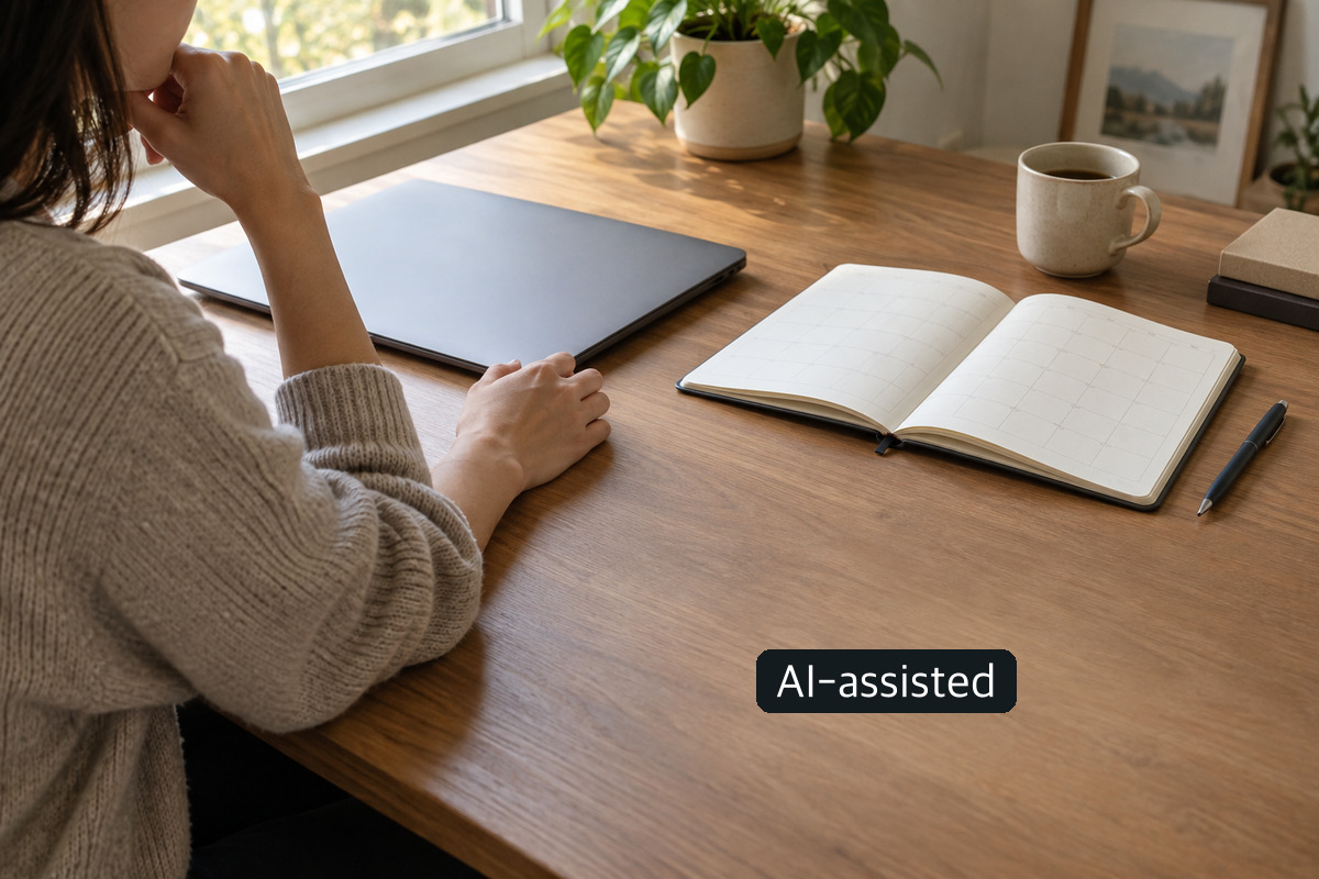 AI-generated conceptual photo of a person at a home desk with a closed laptop and unfilled planner; not an MMA applicant or official application screen.