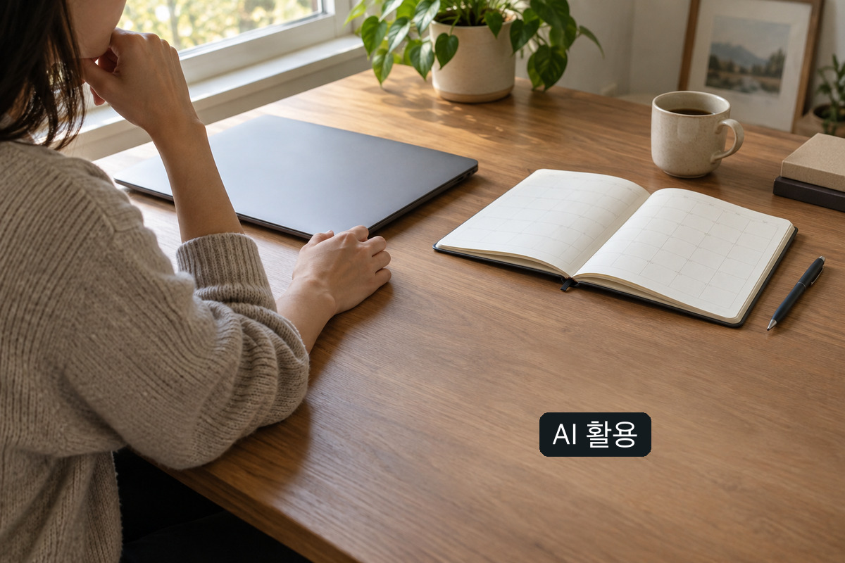 AI 생성 개념 사진: 집 책상에서 닫힌 노트북과 빈 일정표를 보며 계획하는 사람. 실제 병무청 화면이나 신청자가 아닙니다.