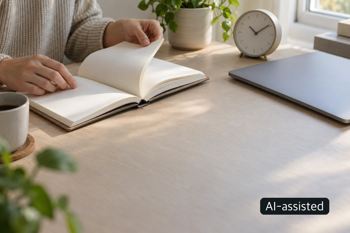 AI-generated conceptual photo of a hand turning blank planner pages beside a closed laptop and clock; not an official application calendar or MMA screen.