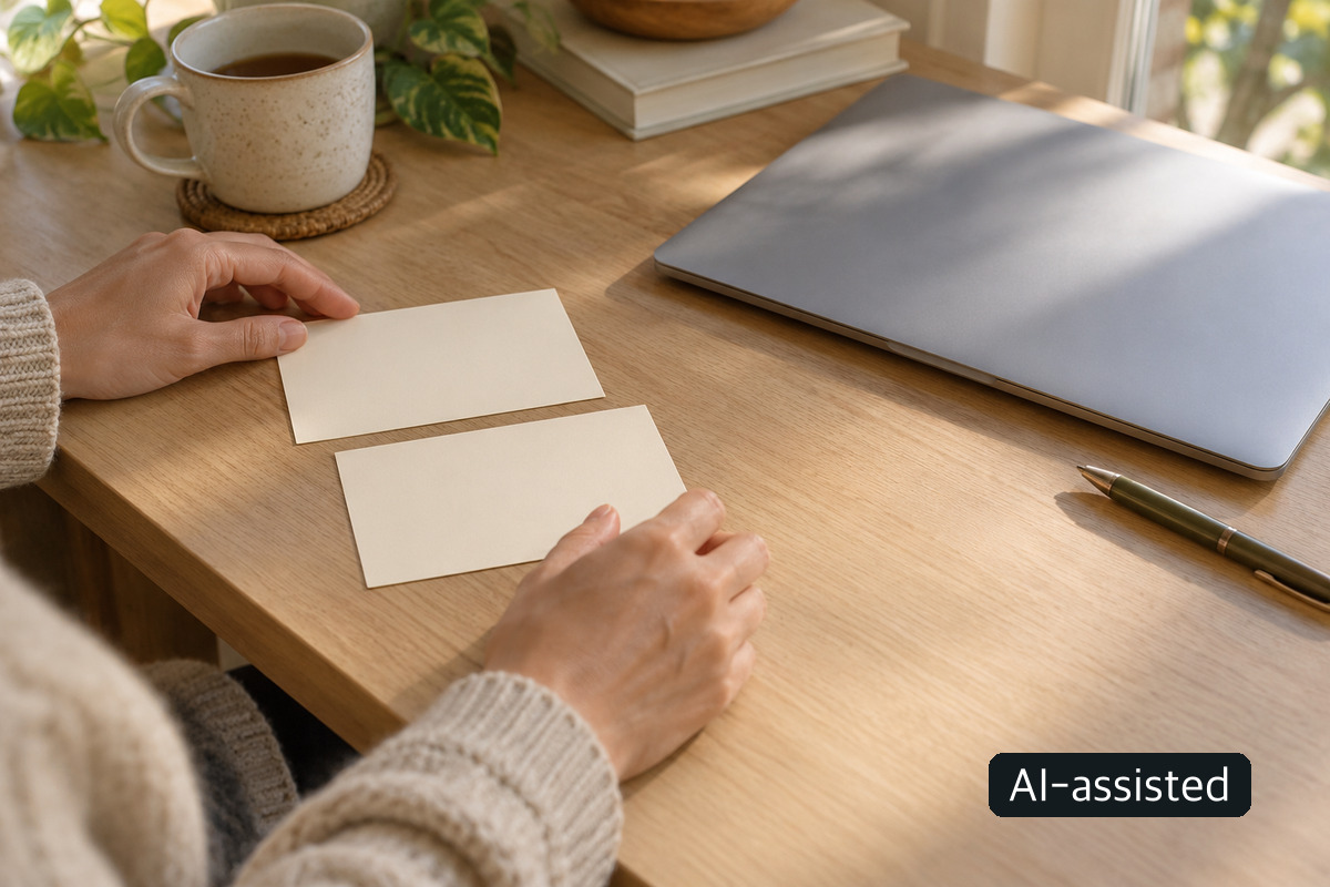 AI-generated conceptual photo of adult hands arranging two blank cards beside a closed laptop; not an MMA preference form, selection outcome or official document.
