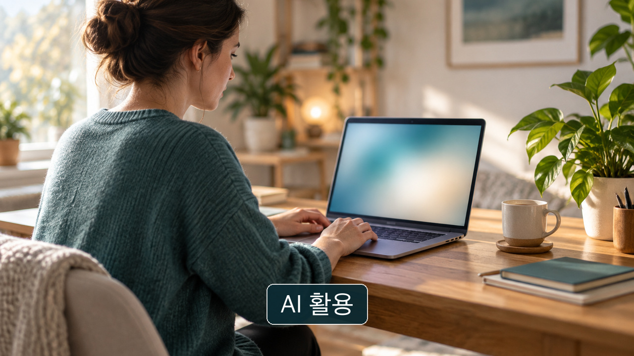 사람이 노트북에서 글자가 판독되지 않는 일반적인 작업 화면을 확인하는 장면. 특정 서비스의 실제 화면이나 응답 데이터가 아님