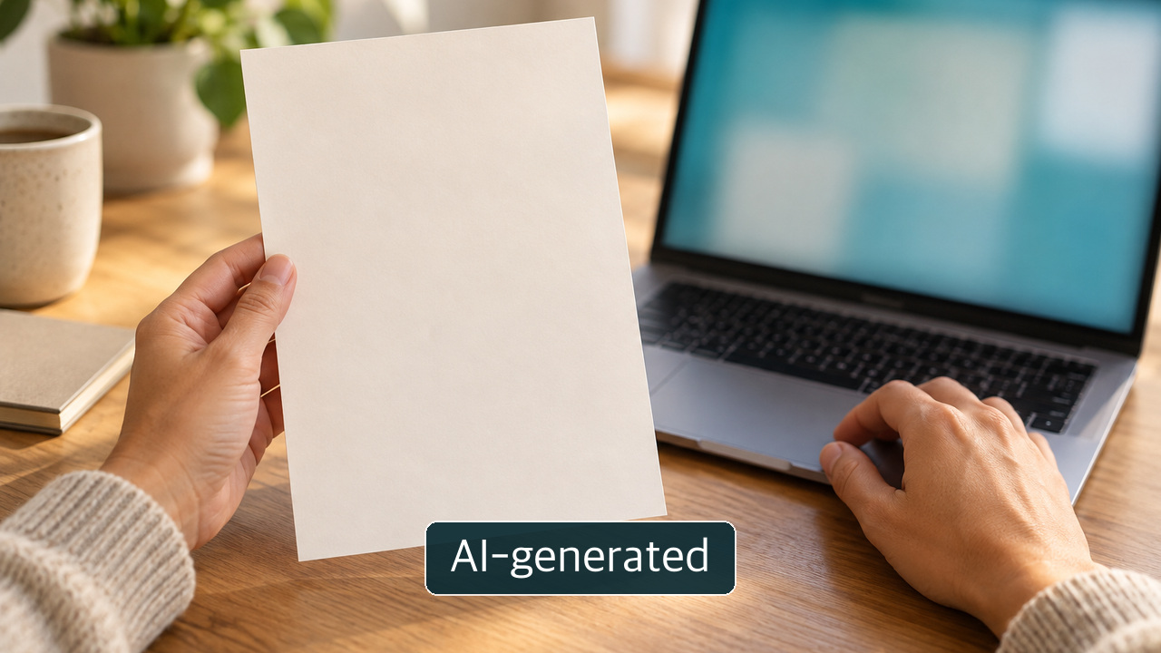 Conceptual image of hands holding a blank sheet of paper beside a laptop with an abstract display; not a real survey response or identifiable platform interface